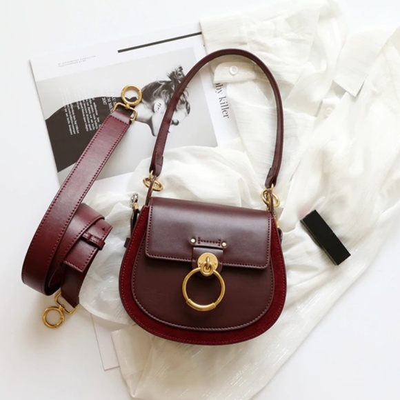 Designer LEATHER Maroon Ring Saddle Bag Clutch - Picture 2 of 8